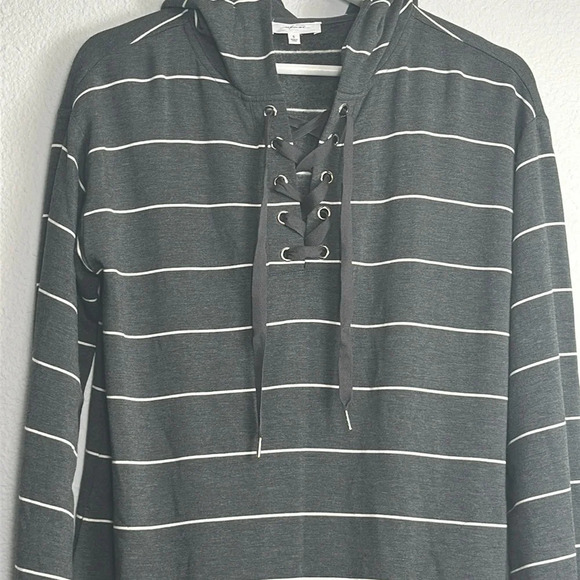 Soma Wknd Grey White Stripes Soft Lace Up Dress Long Sleeve Womens Size Small - Picture 4 of 13